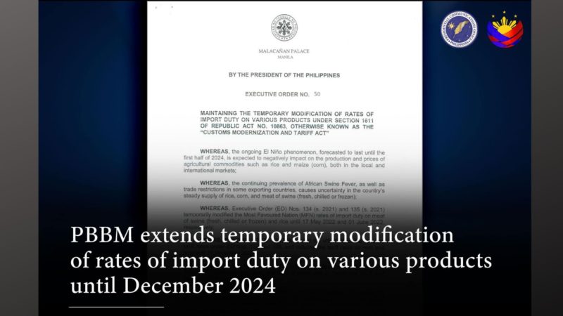 Mas pinababang import rates sa bigas, mais, at meat products pinalawig ni Pang. Marcos