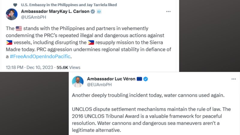 Panibagong hakbang ng China sa West PH Sea kinondena ng mga ambassador ng US at EU