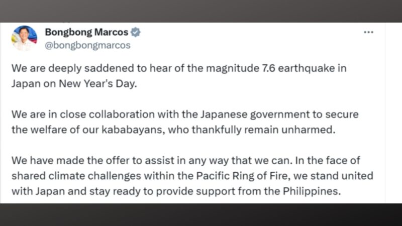 Pamahalaan nakikipag-ugnayan na sa gobyerno ng Japan matapos ang naitalang M7.6 na lindol ayon kay Pang. Marcos
