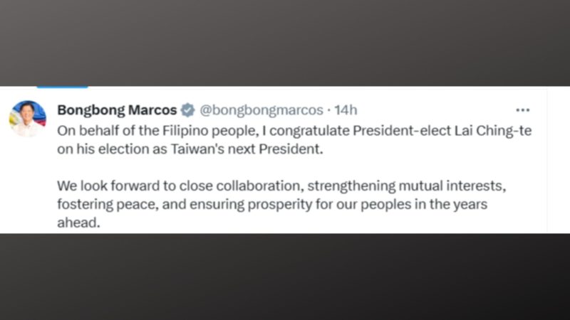 Pang. Marcos binati ang bagong halal na pangulo ng Taiwan na si Lai Ching-te