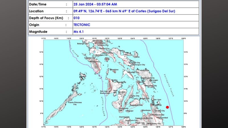 Cortes, Surigao del Sur niyanig ng magnitude 4.1 na lindol