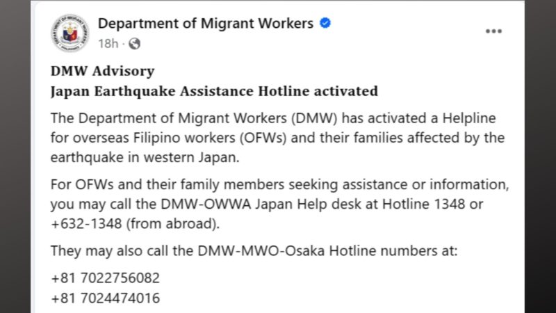 DMW nagbukas ng helpline para sa mga OFW sa western Japan matapos ang naitalang magnitude 7.6 na lindol