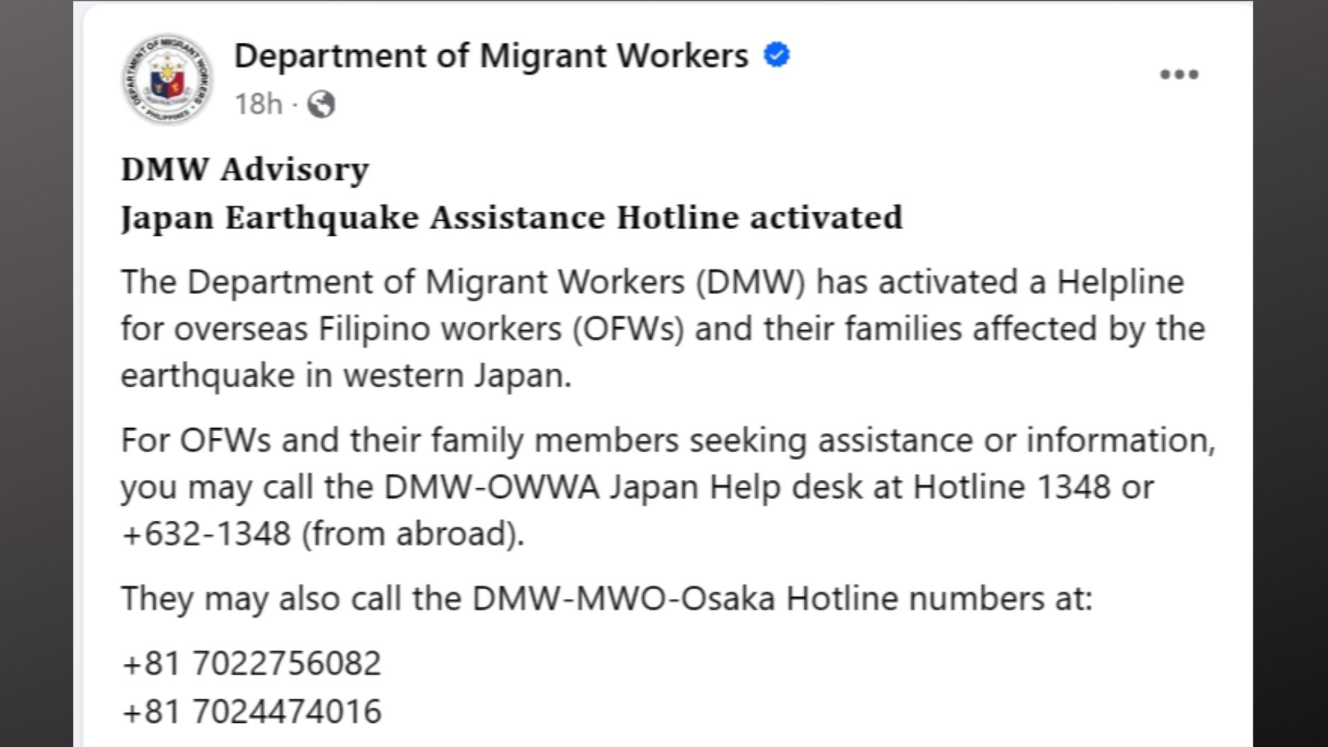 DMW nagbukas ng helpline para sa mga OFW sa western Japan matapos ang naitalang magnitude 7.6 na lindol