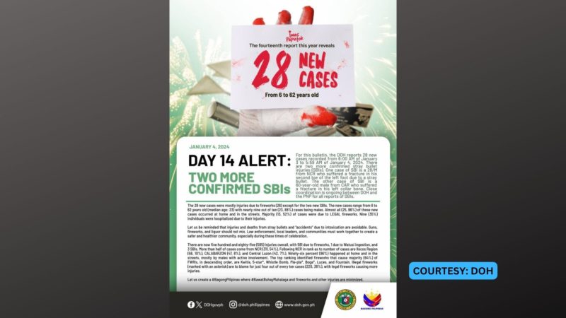 2 pang kumpirmadong kaso ng stray bullet injuries naitala ng DOH; kaso ng fireworks-related injuries umakyat na 585