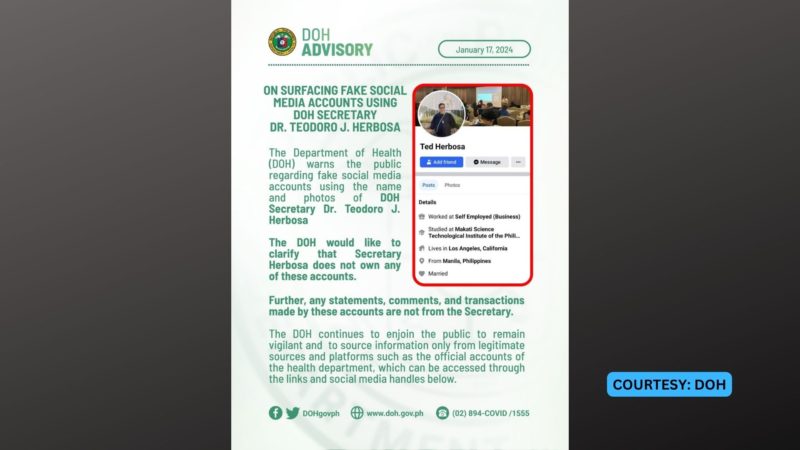 Publiko binalaan ng DOH sa ipinakakalat na pekeng Facebook account gamit ang pangalan ni Sec. Ted Herbosa