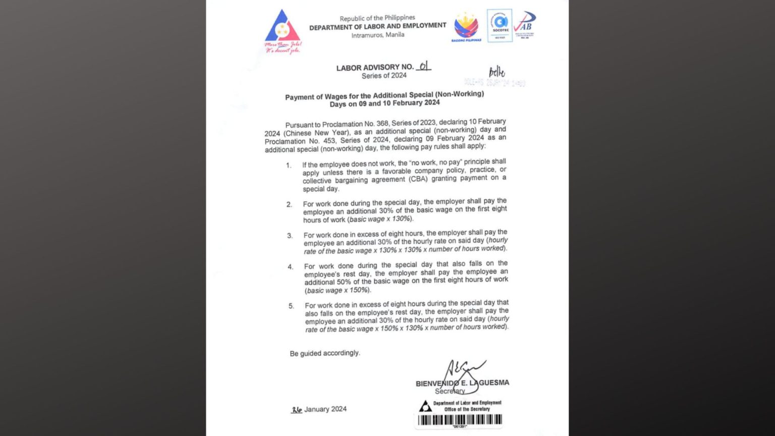 DOLE Naglabas Ng Pay Rules Para Sa Feb 9 Na Deklaradong Special Non   Labor Advisory No 1 1536x864 