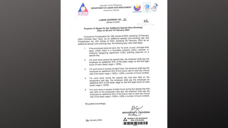 DOLE naglabas ng pay rules para sa Feb. 9 na deklaradong special non-working day