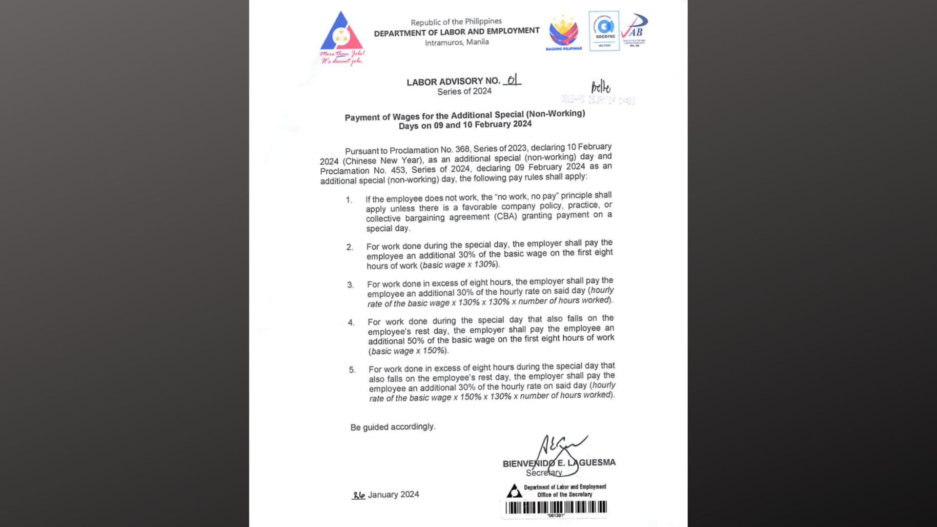 DOLE naglabas ng pay rules para sa Feb. 9 na deklaradong special non-working day