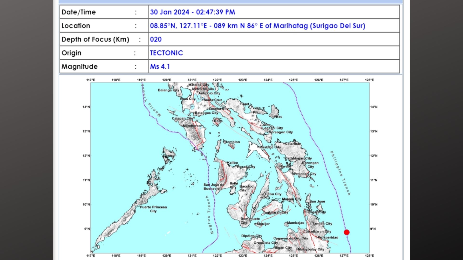 Surigao del Sur niyanig ng magnitude 4.1 na lindol