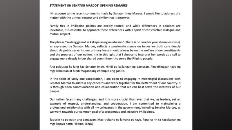 HS Romualdez kay Sen. Imee Marcos: Hindi po kailangan ng bastusan