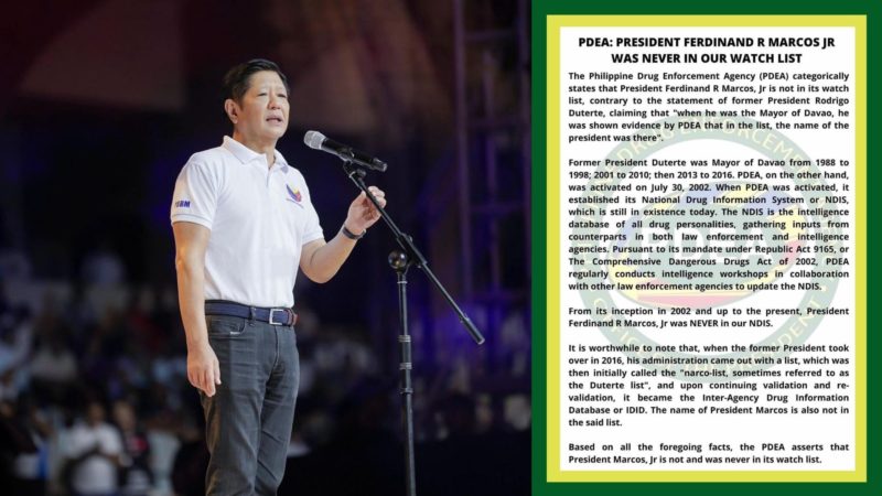 Pangulong Marcos hindi kailanman napasama sa drug watchlist ayon sa PDEA