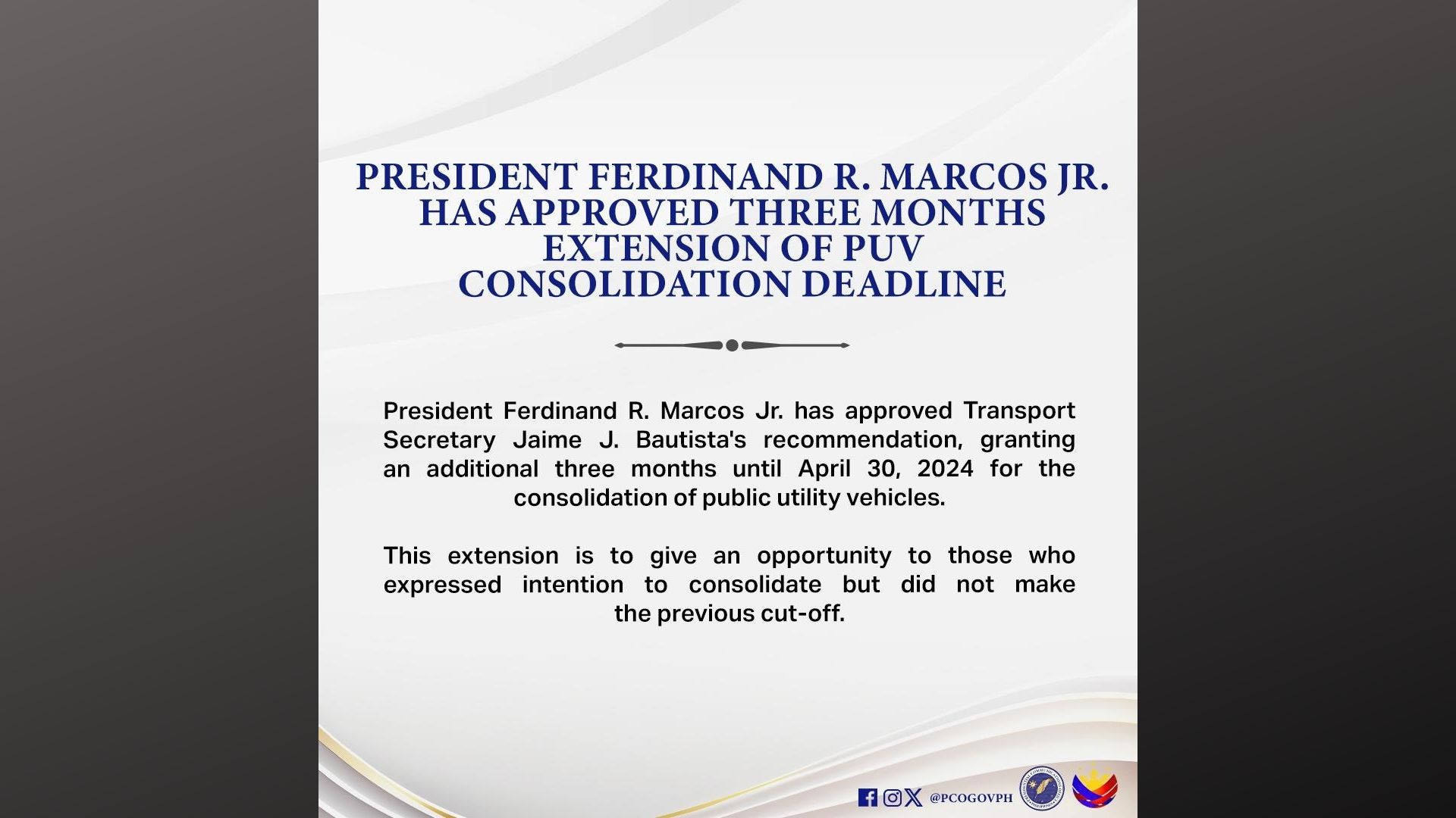 Deadline para sa PUV consolidation pinalawig ni Pang. Marcos hanggang Apr. 30, 2024