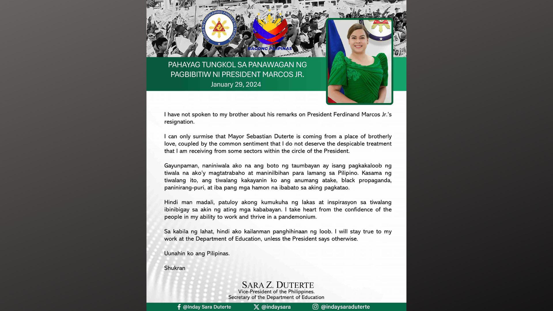 VP Sara Duterte sinabing haharapin niya ang mga pag-atake, black propaganda at paninirang-puri