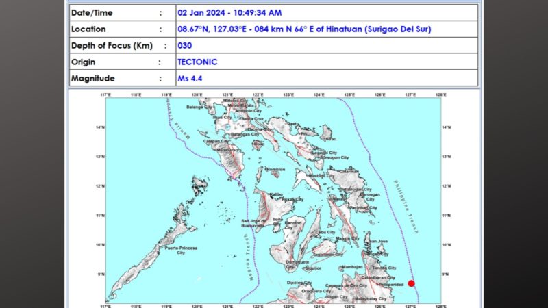 Hinatuan, Surigao del Sur niyanig ng magnitude 4.4 na lindol
