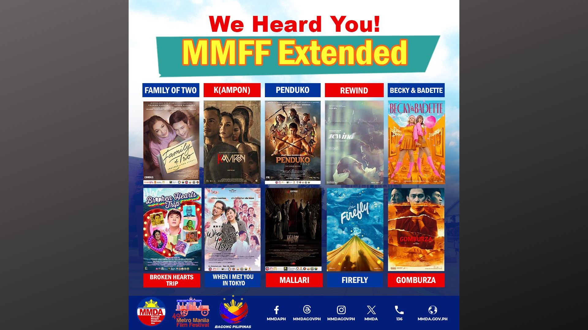 Pagpapalabas sa mga sinehan ng mga pelikulang kalahok sa MMFF pinalawig pa