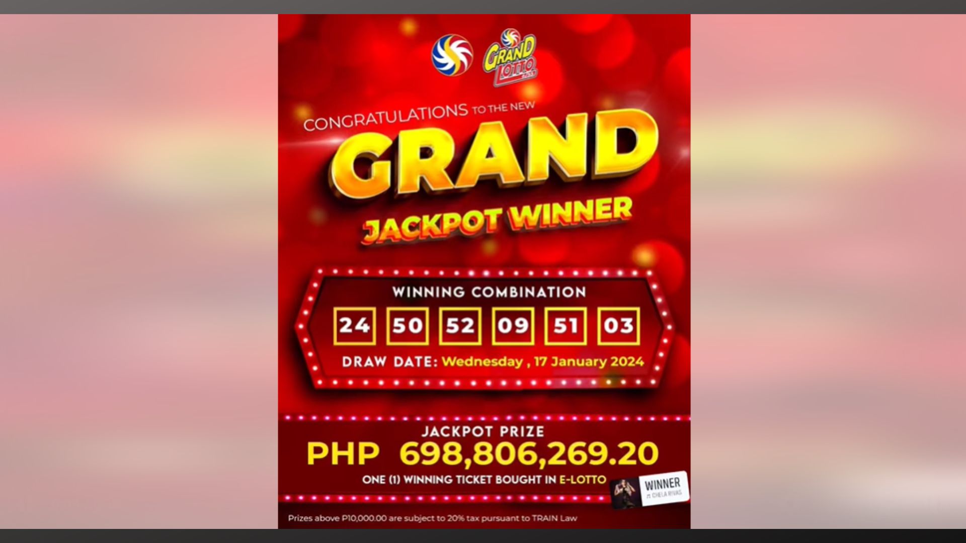 Bettor na tumaya sa e-lotto, wagi ng halos P700M na jackpot sa 6/55