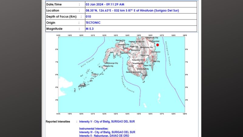 Hinatuan, Surigao del Sur niyanig ng magnitude 5.3 na lindol