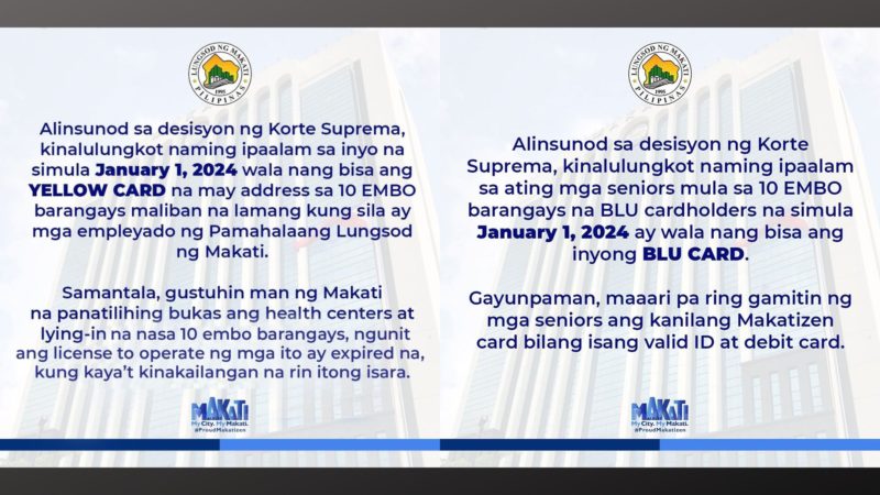 Yellow Card at Blu Card ng mga residente sa 10 EMBO Barangays, wala ng bisa