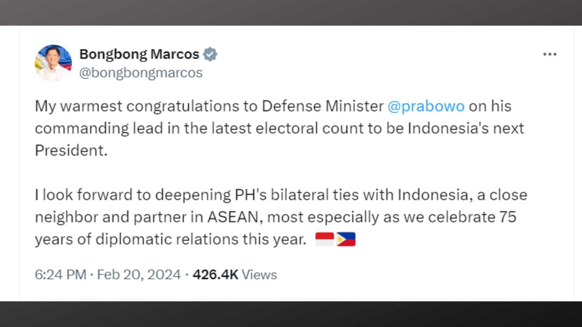 Pangulong Marcos nagpaabot ng pagbati sa susunod na Indonesian President na si Prabowo Subianto