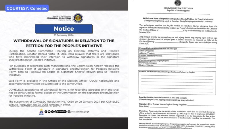 Comelec naglabas ng Withdrawal Form para sa mga bawiin ang kanilang lagda sa petisyon sa People’s Initiative.