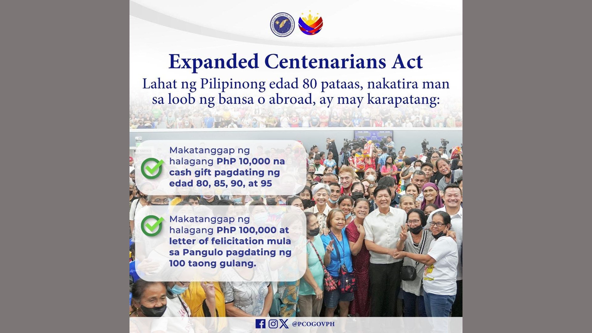 Batas na nagbibigay ng cash gift sa mga senior citizens na umaabot sa edad na 80, 85,90 at 95 nilagdaan ni Pang. Marcos