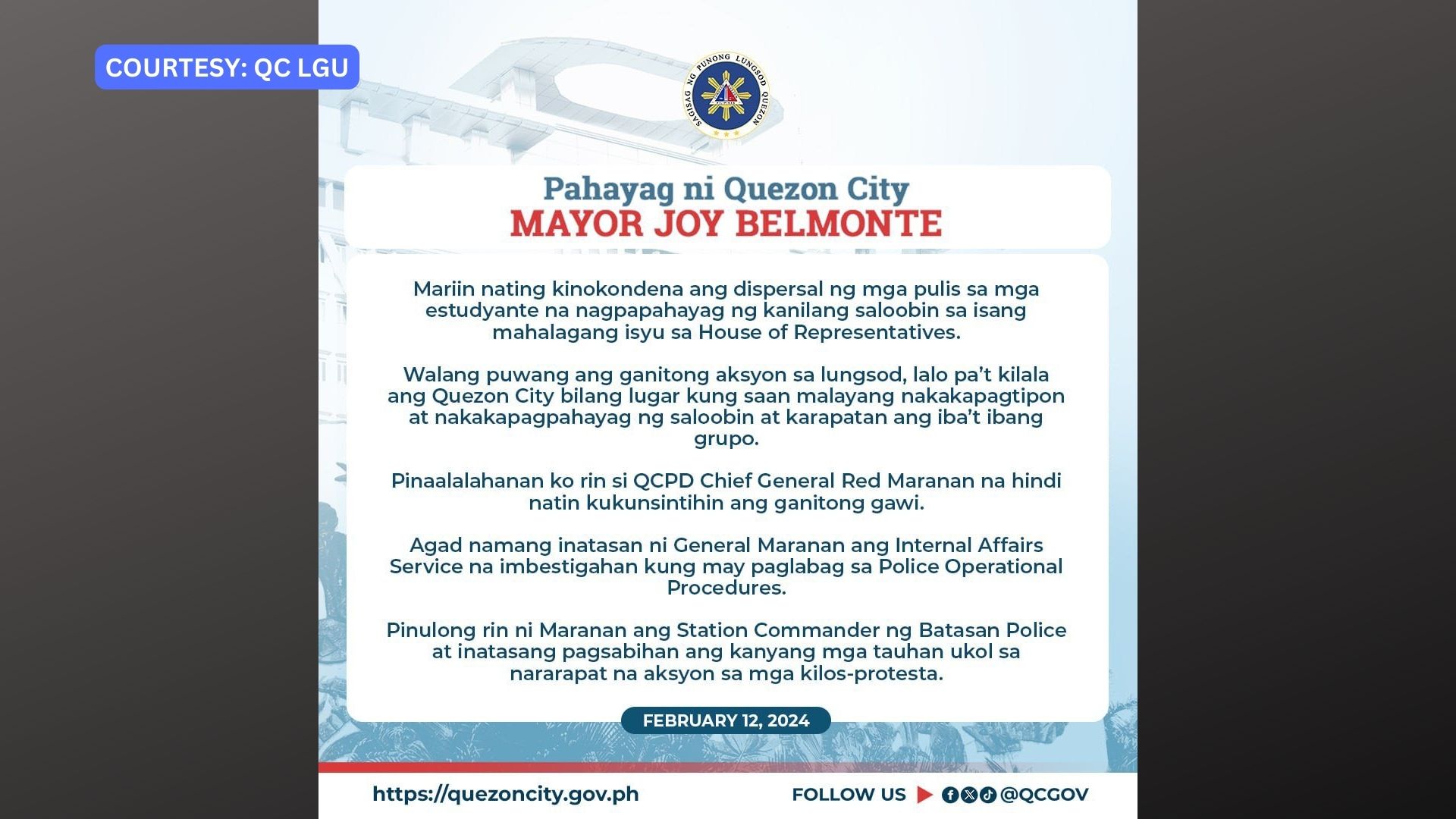 Pananakit ng mga pulis sa mga nagprotestang mag-aaral sa QC kinondena ni Mayor Joy Belmonte