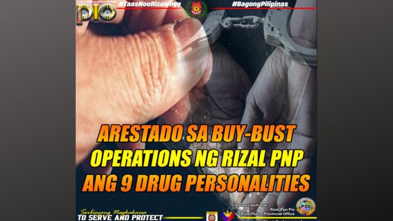 9 na drug personalities arestado sa magkakahiwalay na buy-bust operations sa Rizal