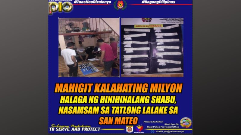 Halos P500K na halaga ng shabu nakumpiska sa 3 suspek sa San Mateo, Rizal
