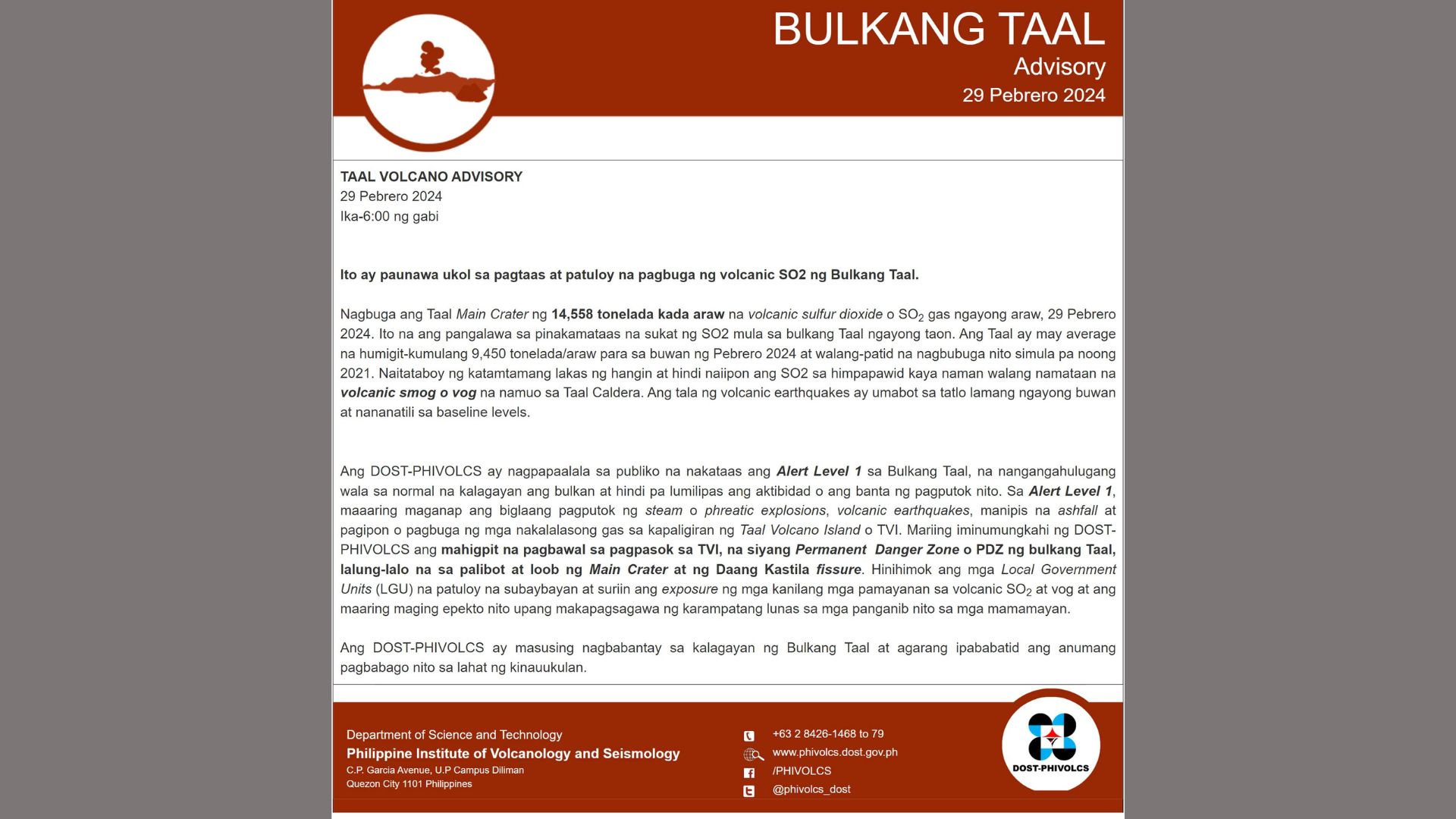 Gas emission naitala muli sa Bulkang Taal ayon sa Phivolcs