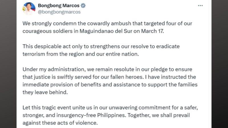 Pananambang sa apat na sundalo sa Maguindanao del Sur kinondena ni Pang. Marcos