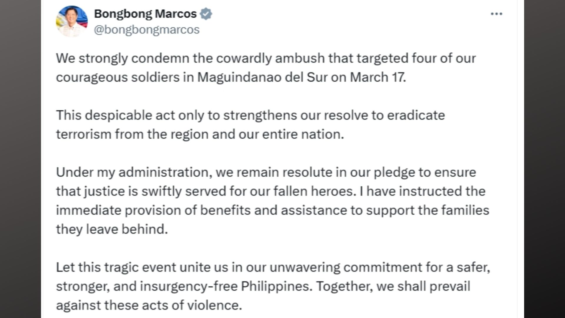 Pananambang sa apat na sundalo sa Maguindanao del Sur kinondena ni Pang. Marcos