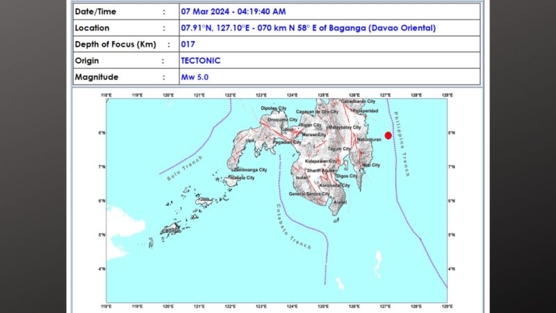 Baganga, Davao Oriental niyanig ng magnitude 5.0 na lindol