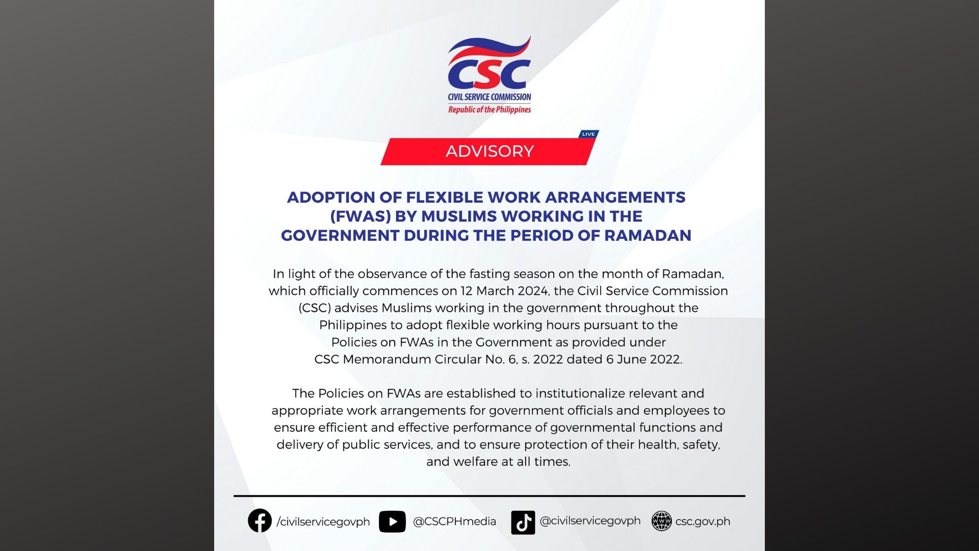 CSC pinayuhan ang mga Muslim na government workers na sundin ang Flexible Work Arrangements ngayong Ramadan