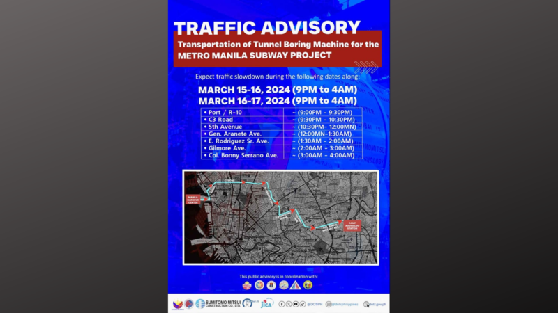 Daloy ng traffic sa ilang bahagi ng Metro Manila mula Mar. 15 hanggang 17 magkakaroon ng pagbagal dahil sa pagbiyahe ng Tunnel Boring Machine