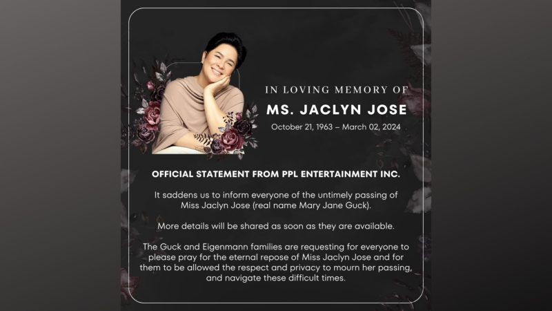 PPL Entertainment kinumpirma ang pagpanaw ng aktres na si Jaclyn Jose