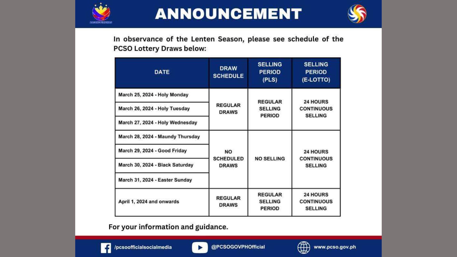 PCSO inilabas ang schedule ng Lottery Draws ngayong Semana Santa.