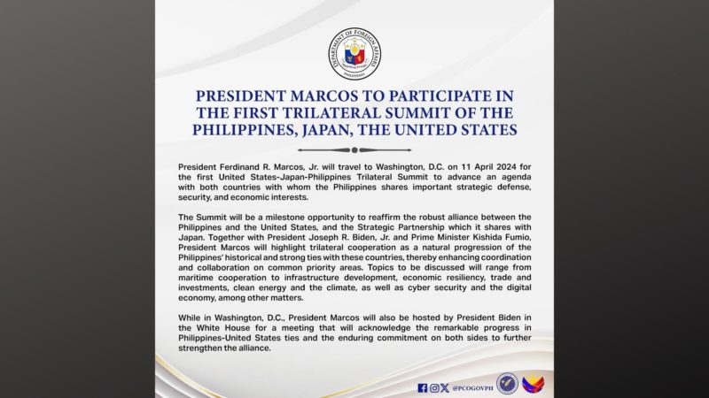 Pangulong Marcos dadalo sa kauna-unahang United States-Japan-Philippines Trilateral Summit na gaganapin sa Washington