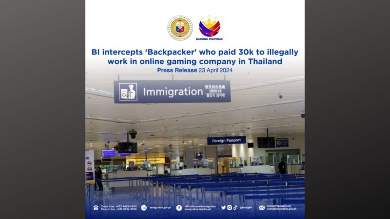 Backpacker na nagbayad ng P30K para ilegal na makapagtrabaho sa Thailand, naharang ng BI