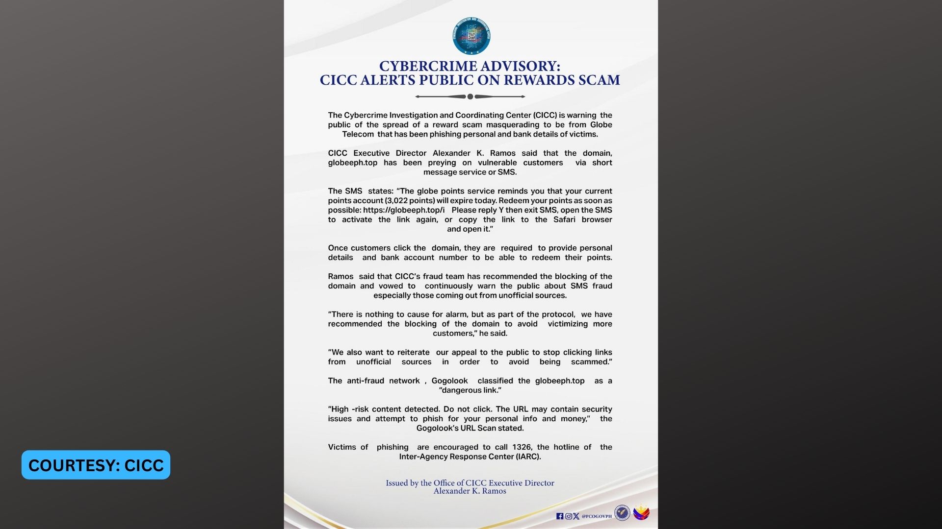 CICC nagbabala sa publiko kaugnay sa “Rewards Scam”