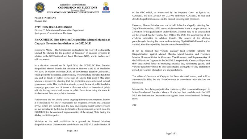 Cagayan Gov. Manuel Mamba muling pinatawan ng disqualification ng Comelec; posisyon bilang gobernador idineklara ng bakante