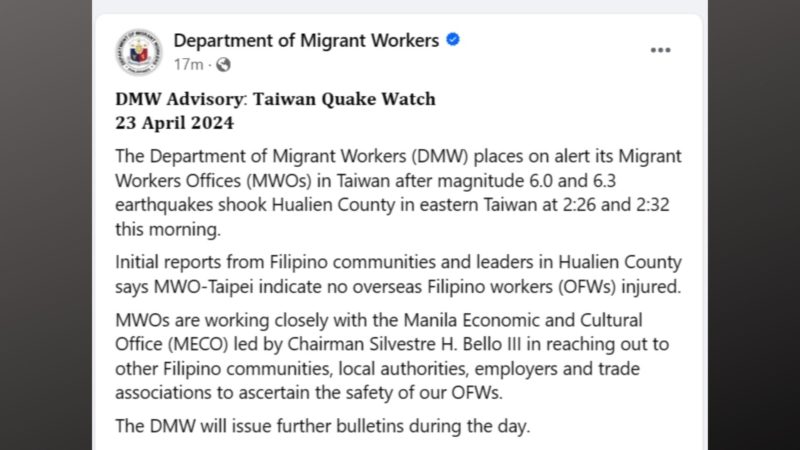 DMW inalerto ang mga tanggapan nito sa Taiwan kasunod ng naitalang dalawang malakas na pagyanig