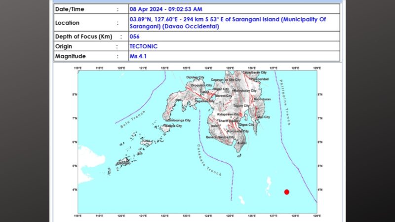 Magnitude 4.1 na lindol naitala sa Davao Occidental