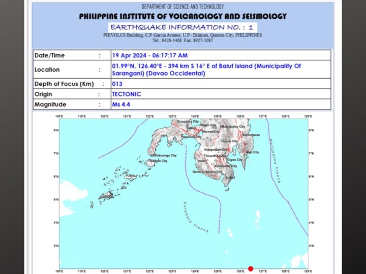 Davao Occidental niyanig ng magnitude 4.4 na lindol