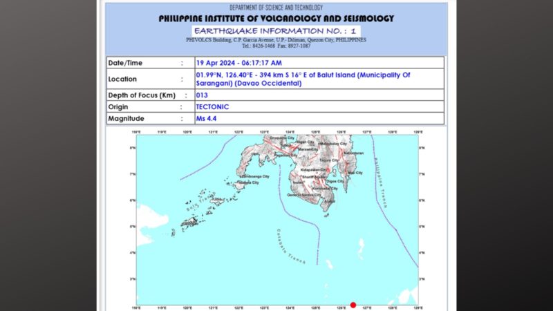 Davao Occidental niyanig ng magnitude 4.4 na lindol