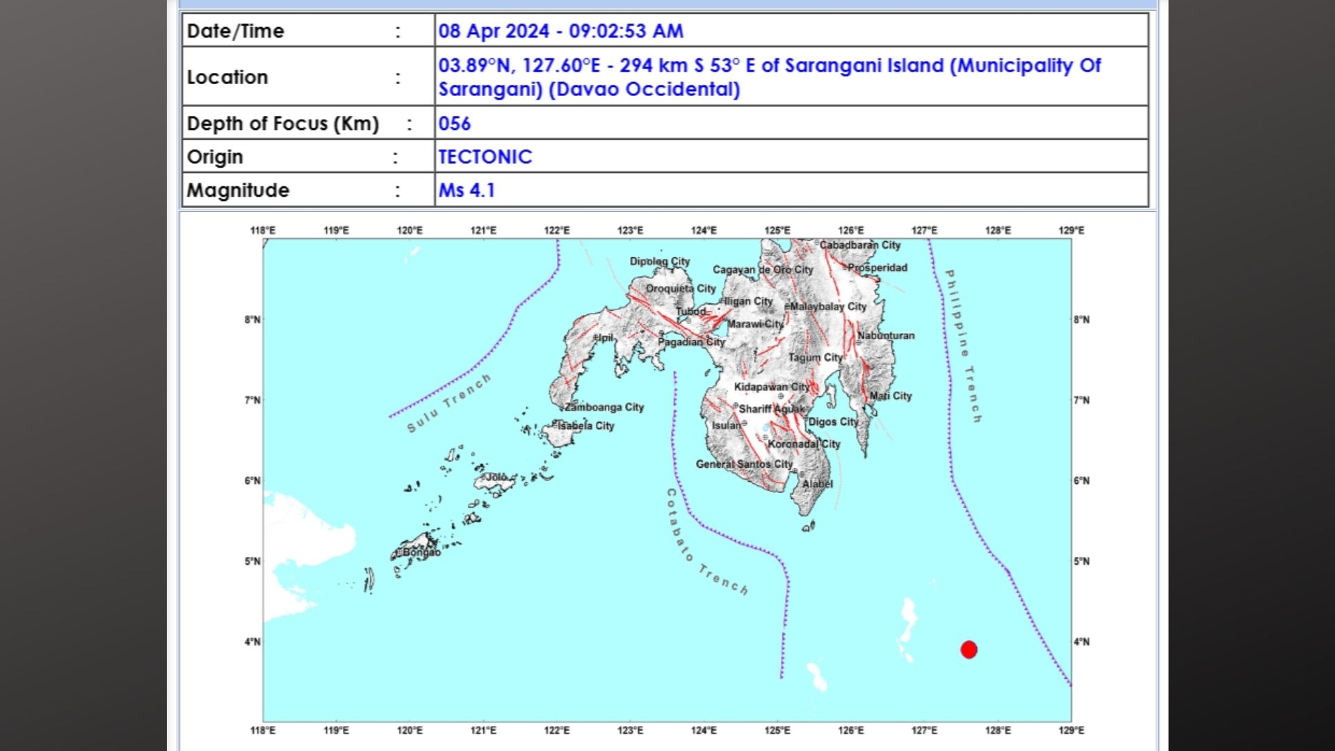 Magnitude 4.1 na lindol naitala sa Davao Occidental - News Flash