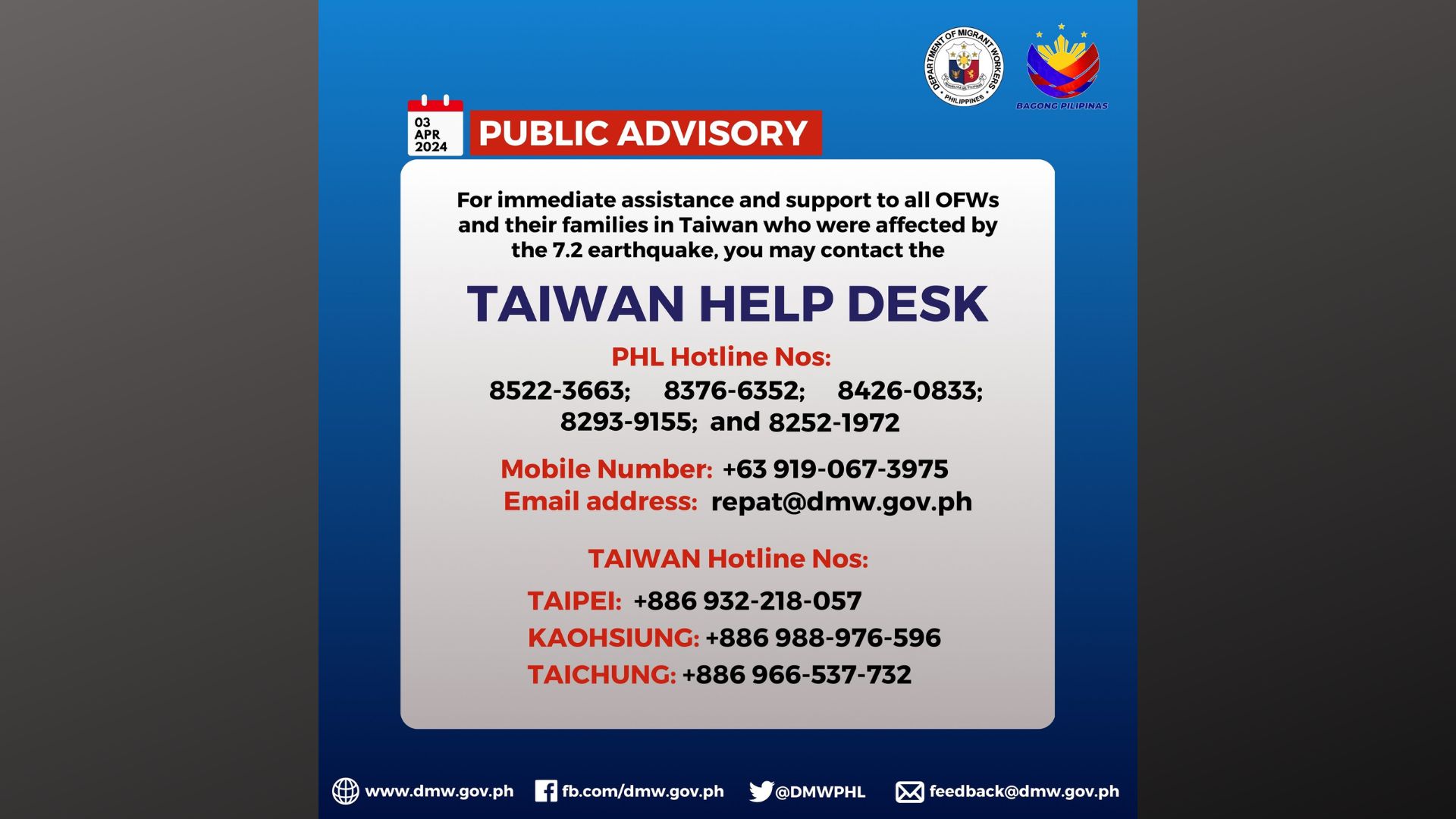 DMW nagbukas ng Help Desk para sa mga Pinoy sa Taiwan