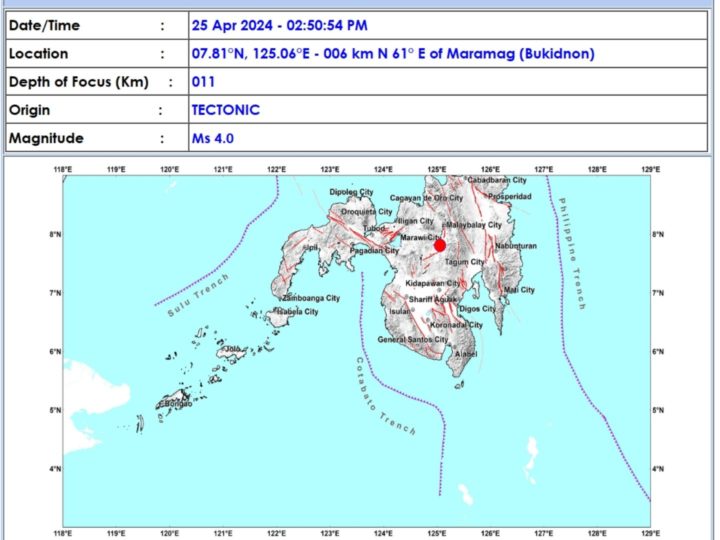Maramag, Bukidnon niyanig ng magnitude 4.0 na lindol