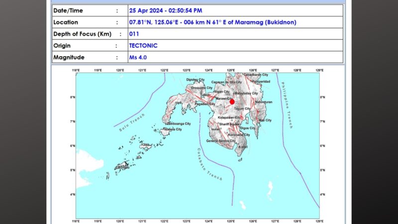 Maramag, Bukidnon niyanig ng magnitude 4.0 na lindol