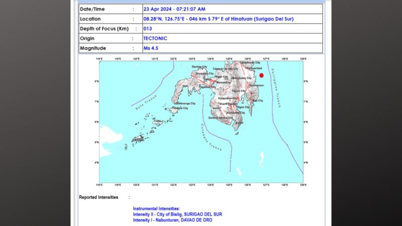 Hinatuan, Surigao del Sur niyanig ng magnitude 4.5 na lindol