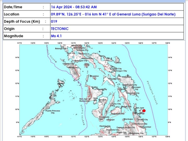 Surigao del Norte niyanig ng magnitude 4.1 na lindol